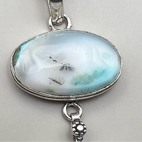 New Blue Enhanced Dendritic Opal Stone Silver Overlay Pendant Necklace w Cord - Picture 6 of 9
